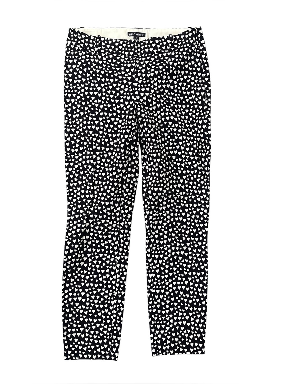 J.Crew Mercantile Black White Heart Print Tapered Trousers Size 2 Workwear